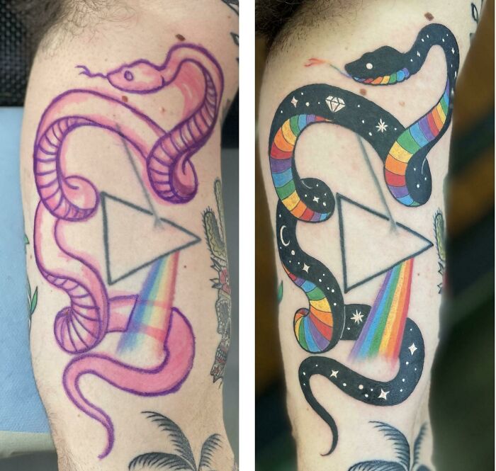 Beautiful tattoo idea with vibrant rainbow snakes and prism, perfectly executed on the arm.