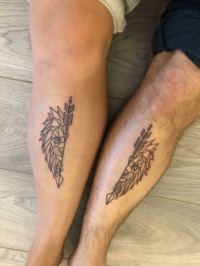 Brother and sister tattoos of geometric lion design on legs, symbolizing unity and connection.
