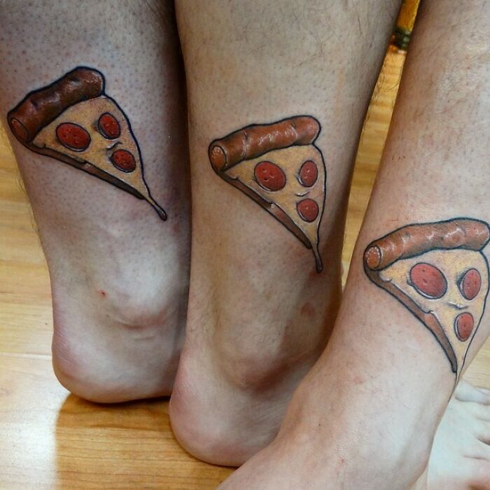 Pizza slice tattoos on sibling ankles symbolize brother and sister bond.