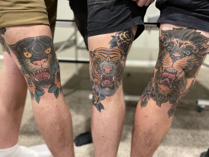 Three thigh tattoos with animal designs, inspired by sibling tattoo ideas for brothers and sisters.