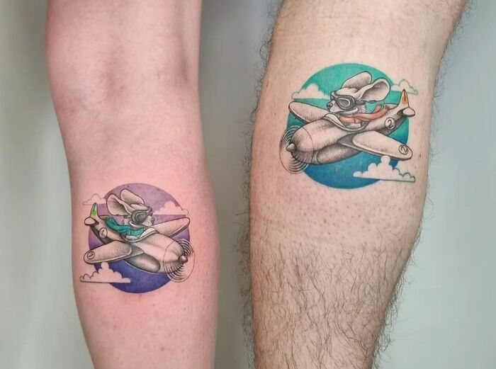 Brother and sister cartoon plane tattoos on arms with clouds, featuring simple and small designs perfect for siblings.