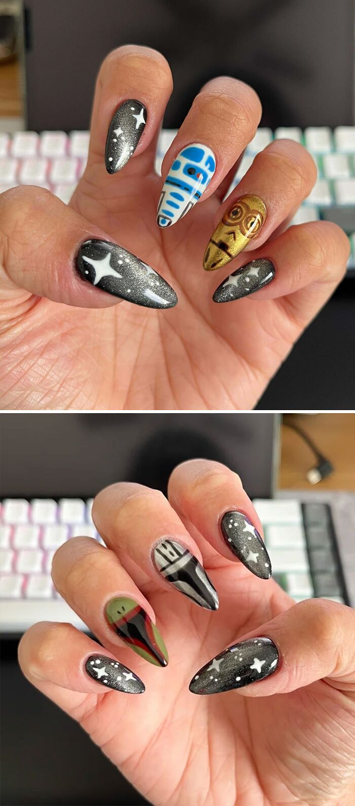 Close-up of detailed Star Wars themed nail art ideas featuring galaxy, droid, and character designs on long almond nails.