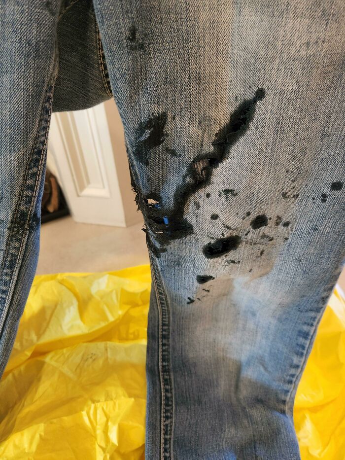 What Jeans Look Like After You Accidentally Drop Sulfuric Acid On Them. I Was Wearing Them, But I'm Mostly Okay. Took Them Off Pretty Quickly