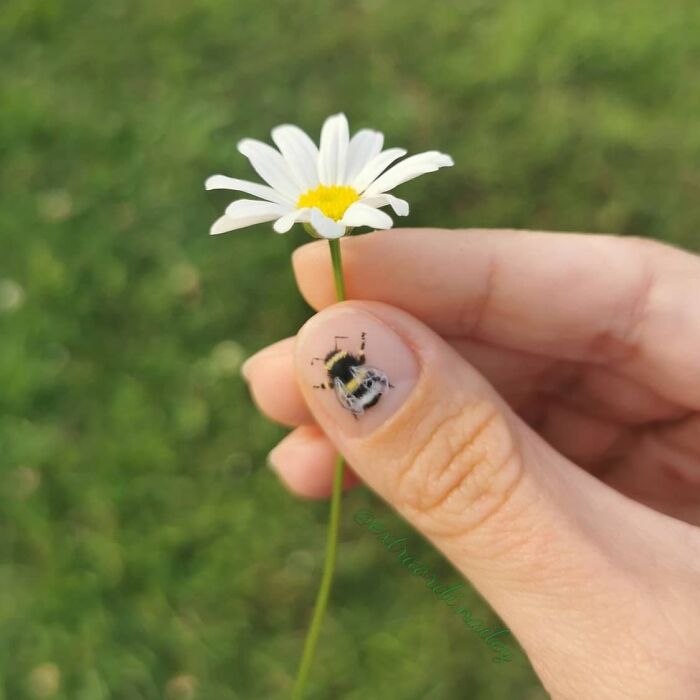 Close-up of a hand holding a daisy with nail art featuring a detailed small bee design on the thumbnail.
