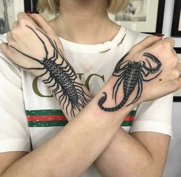 Quality tattoo of centipede and scorpion on crossed forearms, highlighting intricate but questionable design choice.