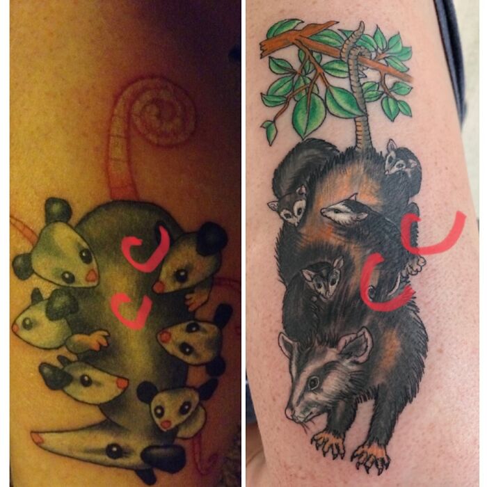 Tattoo of possums with babies on tree branch, colorful design showcasing animal theme.