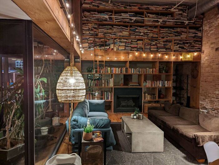 blue and brown couches in the room with bookshelves 
