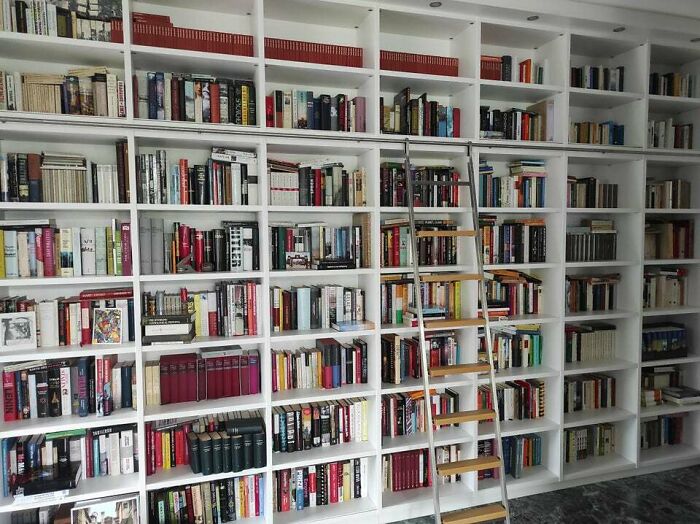 white bookshelves with ladder 