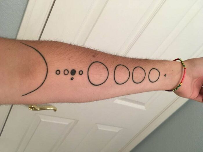 Minimal tattoo design with geometric circles on a person's forearm, showcasing a clean and modern aesthetic.