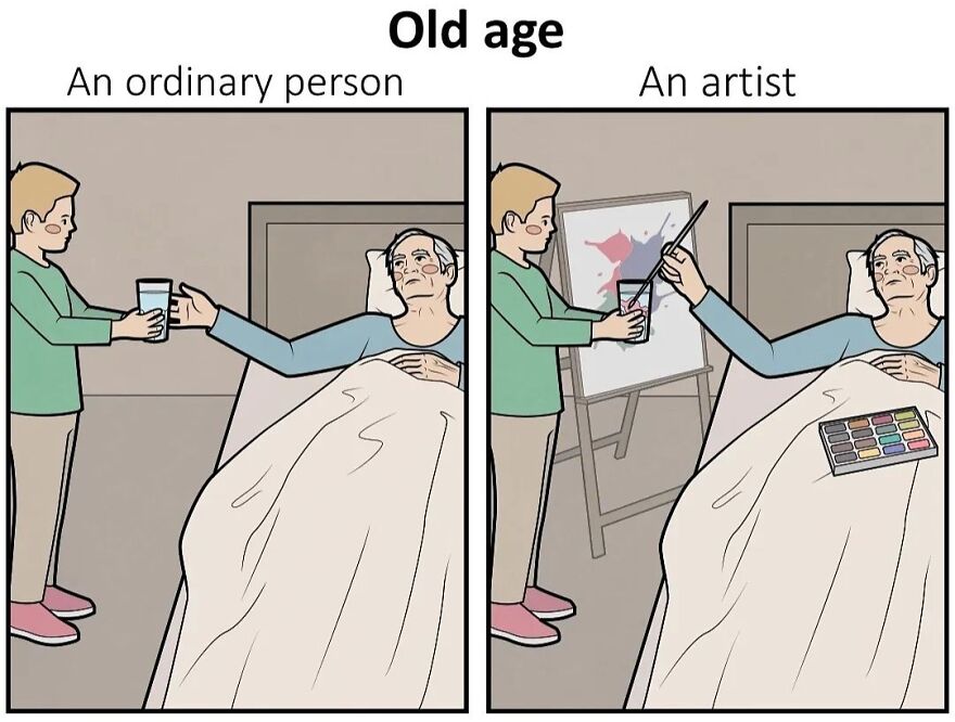 Sarcastic comic showing old age differences between an ordinary person and an artist with creative twist.