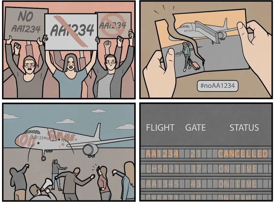 Sarcastic comic showing protesters against flight AA1234 and the plane being cancelled in a humorous scene by Gudim.