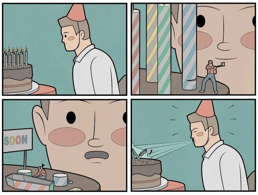 Sarcastic comic by Gudim showing a man with a party hat and tiny worker preparing birthday candles creatively.