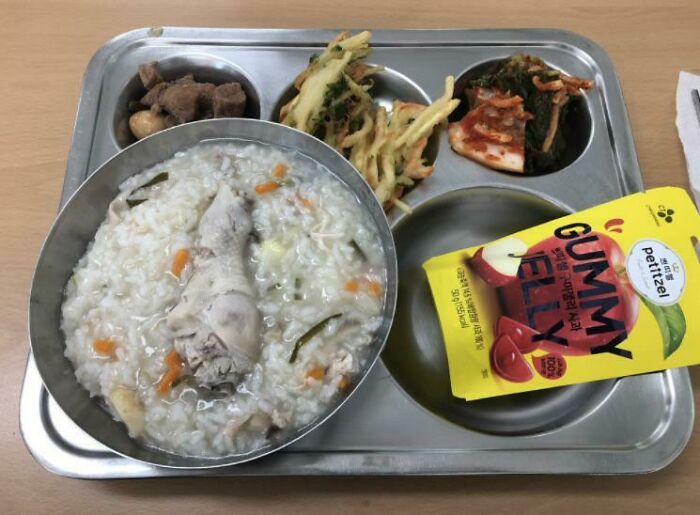 Plate with soup, rice, kimchi and jelly