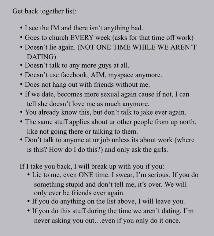 My Girlfriend's Ex's List From Circa 2009 For Getting Back Together