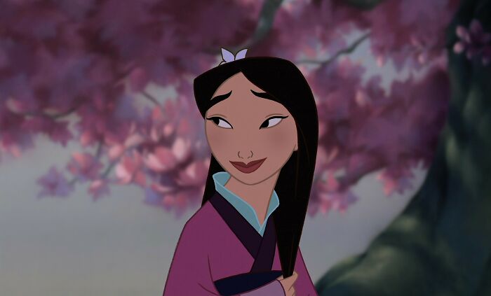 Female cartoon character in a pink dress stands by cherry blossoms, showcasing strength and fame.