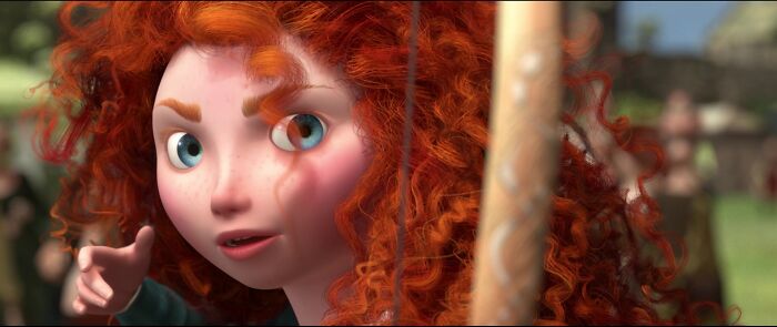 Animated female character with red curly hair and a confident expression holding a bow, showcasing fame and strength.