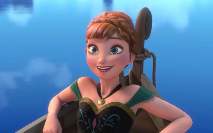 Animated female character in a boat, smiling with braided hair, showcasing fame and strength against a blue water backdrop.