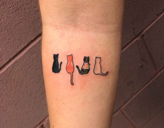 Four minimal cat tattoos on a forearm, each with a different color and style.