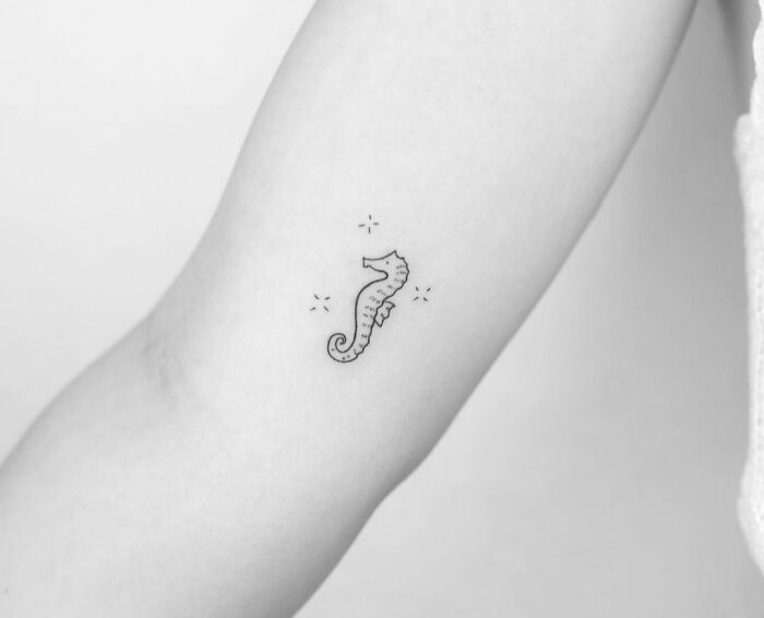 Minimal seahorse tattoo on inner arm, showcasing intricate design with subtle detailing.