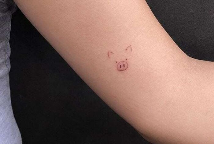 Minimal tattoo of a pig's face on an arm, showcasing minimalist design.