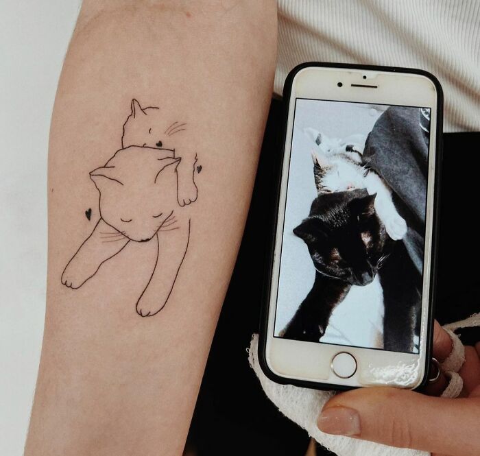 Minimal tattoo design of two cats on an arm, with a phone showing a photo of real cats.