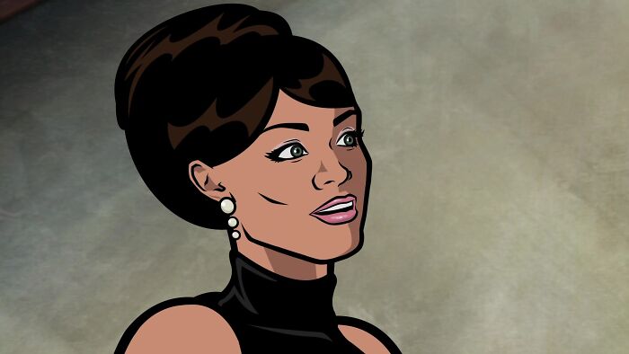 Female cartoon character with dark hair and pearl earrings, showcasing fame and strength.