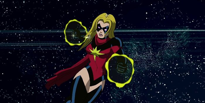 Female cartoon character flying through space, exhibiting power and confidence.