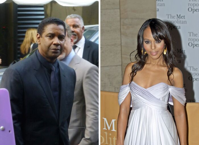 Denzel Washington wearing black suit (left), Kerry Washington wearing dress (right)