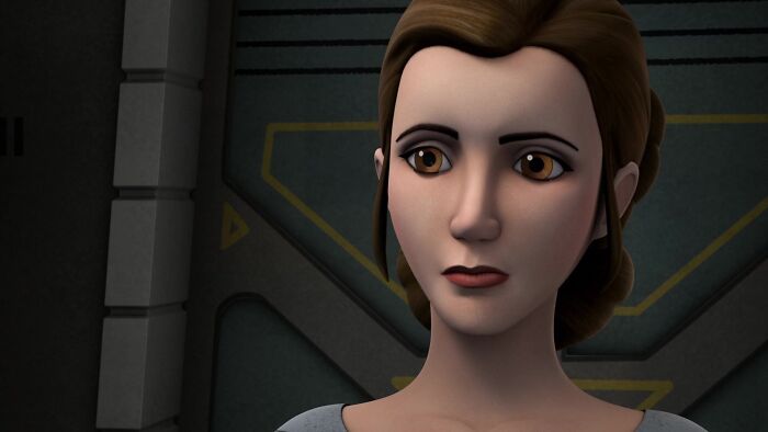 Animated female character with brown hair, showcasing fame and strength in a futuristic setting.