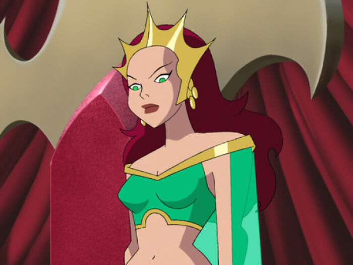 Female cartoon character with crown and green outfit, embodying fame and strength against a red background.