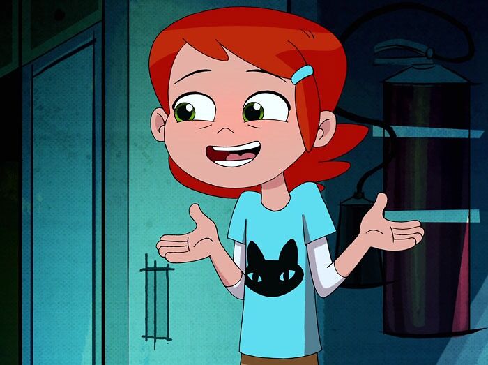 Female cartoon character with red hair and blue shirt, displaying confidence and charm.
