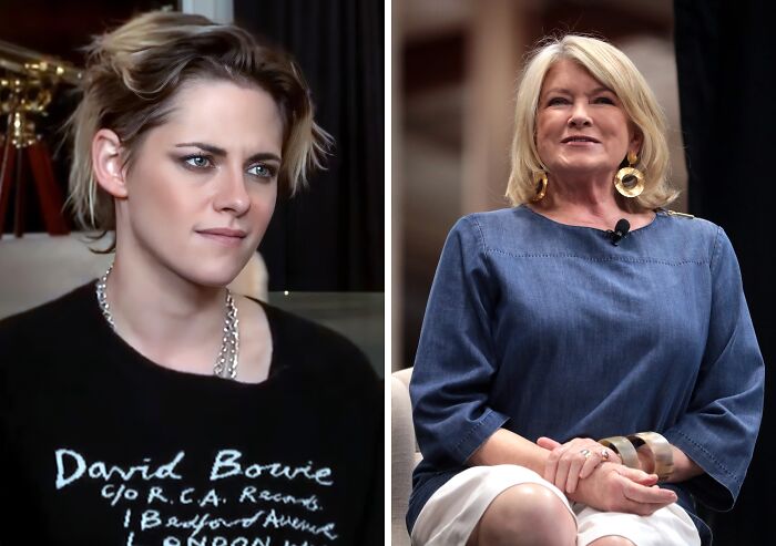 Kristen Stewart with short hair (left), Martha Stewart wearing blue dress (right)