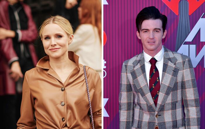 Kristen wearing brown jacket (right), Brake wearing a suit (right)