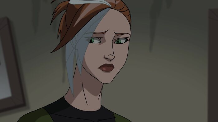 Female cartoon character with a concerned expression, showcasing her strength and fame.