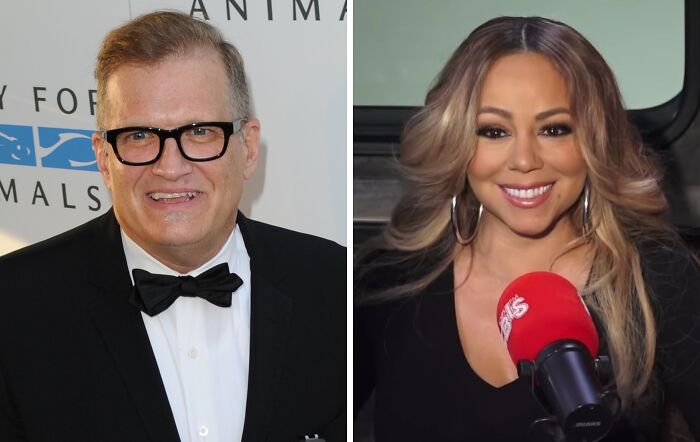 Drew wearing a tuxedo (left), Mariah wearing black dress (right)