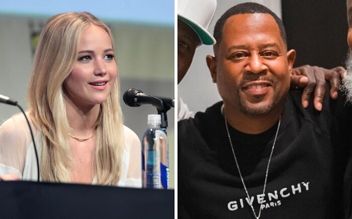Jennifer Lawrence wearing white shirt (left), Martin Lawrence wearing black shirt (right)