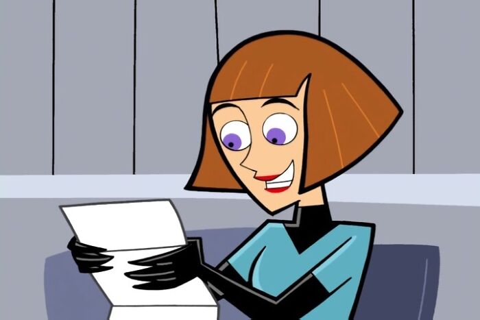 Female cartoon character with bob haircut and gloves reading a letter, showcasing strength and fame.