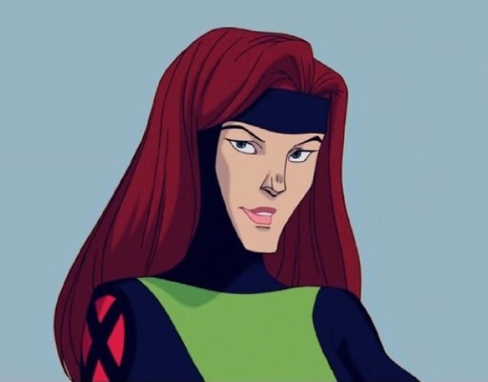 Female cartoon character with red hair and green outfit, embodying fame and strength.