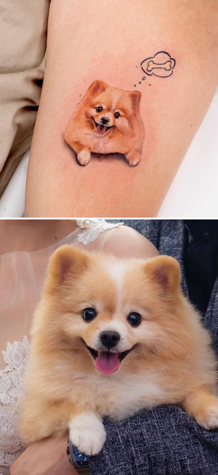 A tattoo of a fluffy dog with a bone thought bubble, capturing an adorable pet.