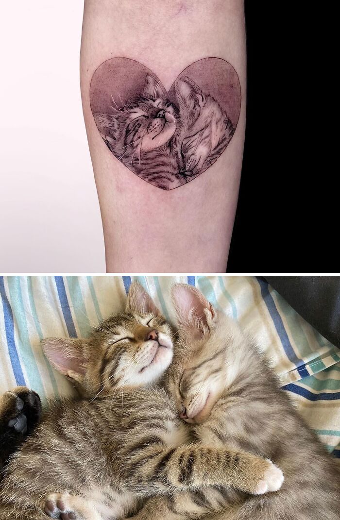 Heart-shaped tattoo of two snuggling kittens, inspired by adorable pet tattoos.