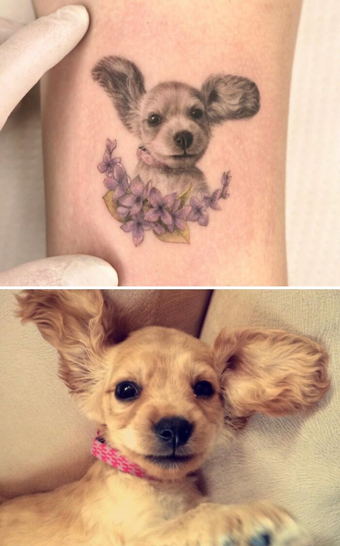 Tattoo of an adorable pet puppy with floral accents, capturing a cherished companion.