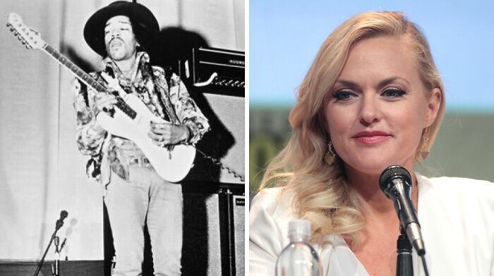 Jimi playing the guitar (left), Elaine wearing white shirt (right)