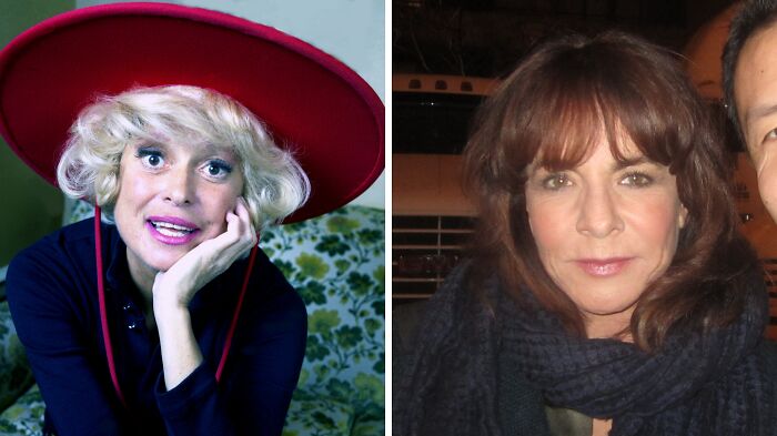 Carol wearing red hat (left), Stockard wearing black scarf (right)