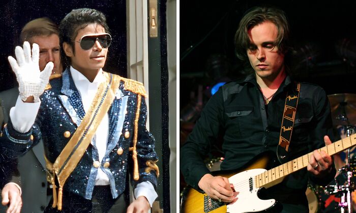 Michael wearing white glove (left), Jonathan playing the guitar (right)