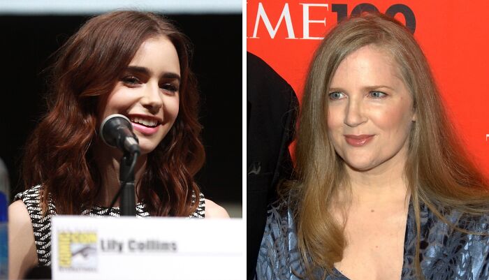 Lily smiling (left), Suzanne wearing blue dress (right) 