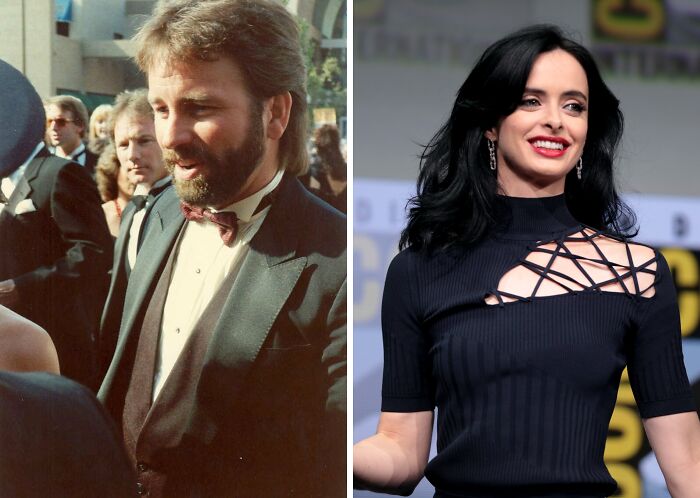 John wearing a tuxedo (right), Krysten wearing black dress (right)