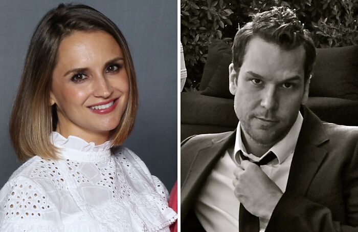 Rachael smiling (left), Dane wearing suit (right)