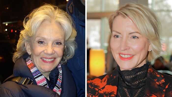 Hayley Mills sniking (left), Heather Mills smiling (right)