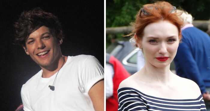 Louis wearing white t-shirt (left), Eleanor with red lipstick on (right)