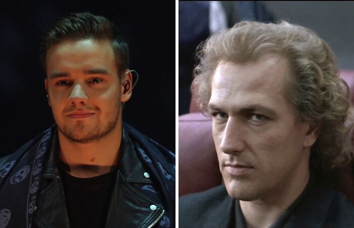 Liam wearing black jacket (left), Brice wearing black suit (right)